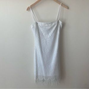 Crocheted Carmen Marc Valvo Fringe hem White glittery spaghetti strap mini dress